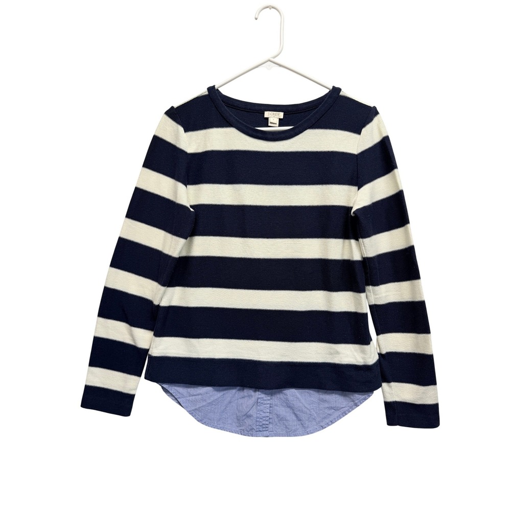 J. Crew Sweater Mixed Media Striped Small Navy Blue Womens